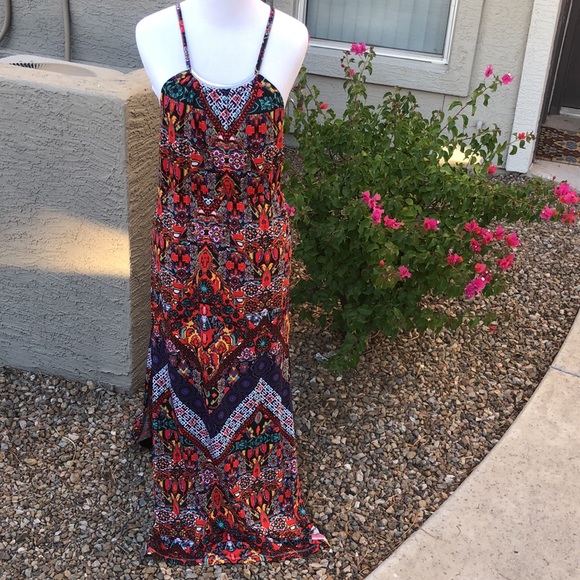 Colorful Patterned Spaghetti Straps Maxi Dress w/ Side Splits! Sz L; FITS LIKE M - Picture 3 of 12